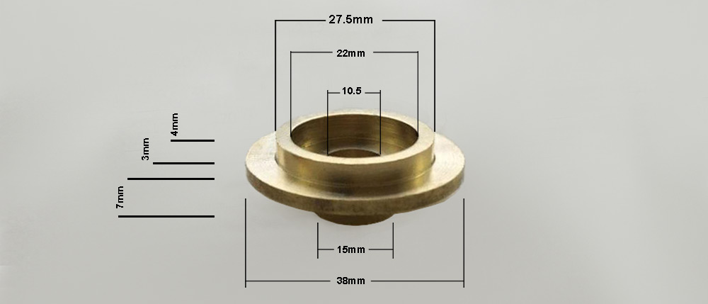 Bouchon en laiton en diamètre 38mm percé d'un trou Ø 10.5mm dimension