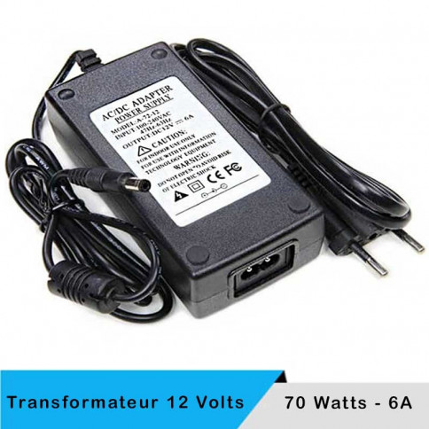 Transformateur LED 12 volts jack 2.5 mm 70 watts avec câble secteur