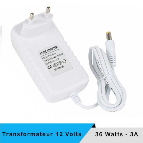 Alimentation LED transformateur 12 volts 36 watts sur prise boitier blanc