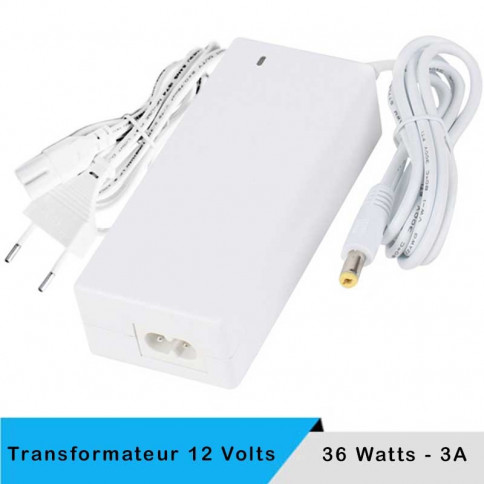 Transformateur LED 12 volts jack 2.5mm 36 watts blanc avec câble secteur