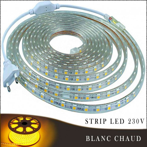 Strip LED 230 volts blanc chaud en rouleau de 25, 50 ou 100 mètres 