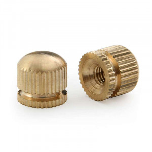 Decorative brass cap nut with knurled hemispherical head and M4 thread