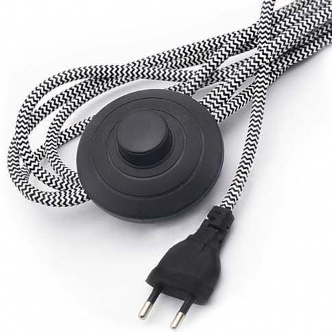 Cordon d'alimentation 230 volts avec interrupteur à pied noir - tresse tissu tigré noir et blanc