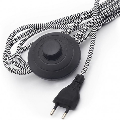 Cordon d'alimentation 230 volts avec interrupteur à pied noir - tresse  tissu tigré noir et blanc