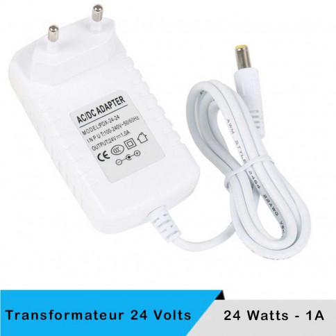 Alimentation LED transformateur 24 volts 24 watts sur prise boitier blanc
