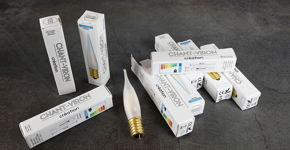 Lampe flamme Chant-viron culot E14 - 230 volts -  verre blanc satiné