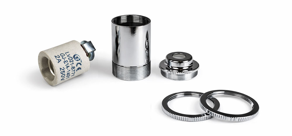 Douille Arthus chromée à culot G9, E12 ou E14 (suivant déclinaison) – double bagues