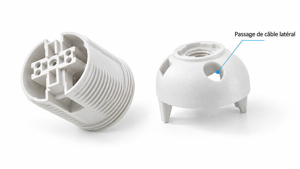 Douille plastique blanc à double bagues de serrages pour ampoule