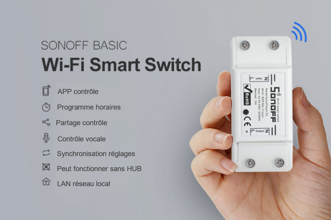 Boitier commutateur Sonoff programmable avec contrôle radio fréquence ou Wifi