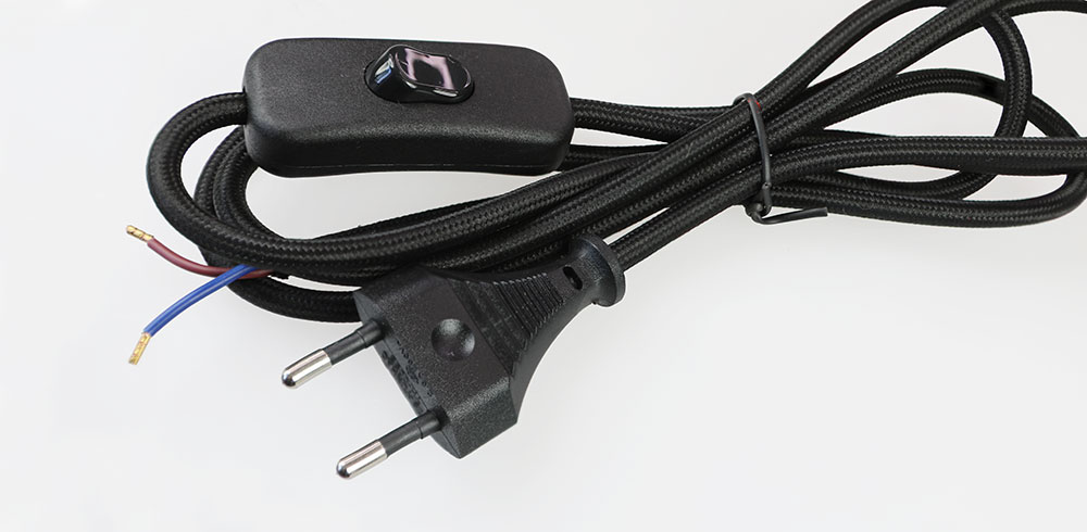 Cordon d'alimentation Rond 230 volts avec interrupteur - Couleur Noir 2 conducteurs 0.75mm²