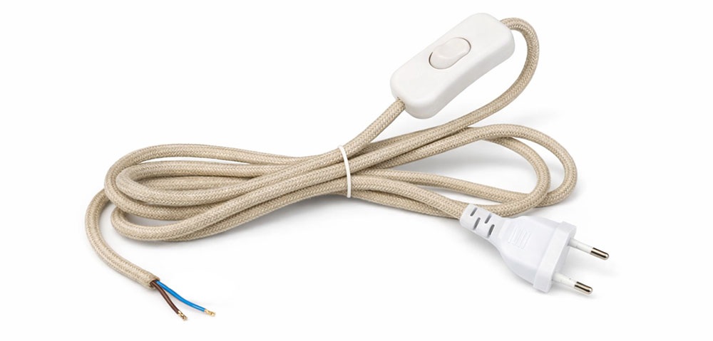 Cordon d’alimentation textile rond couleur lin avec interrupteur et fiche blanche