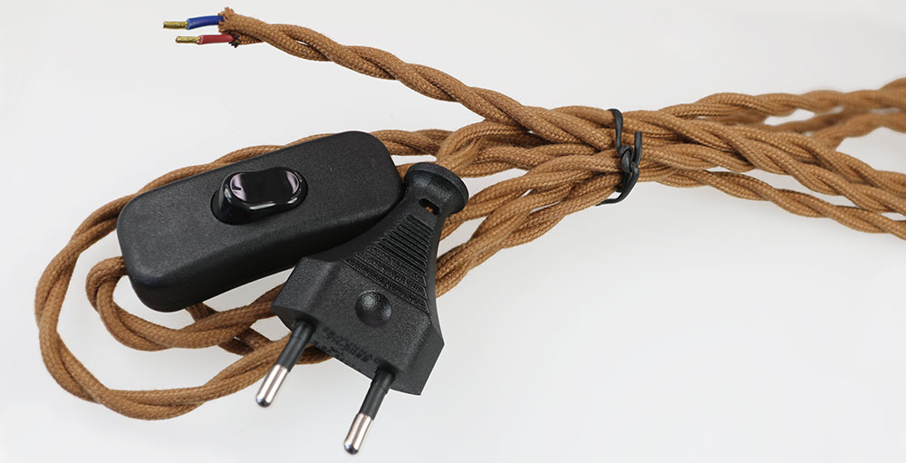 Cordon d'alimentation torsadé 230 volts avec interrupteur - Couleur Chocolat 2 conducteurs 0.75mm²