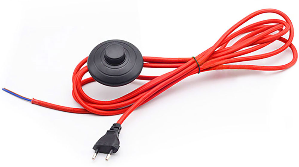 Cordon d'alimentation 230 volts avec interrupteur à pied noir - tresse tissu rouge