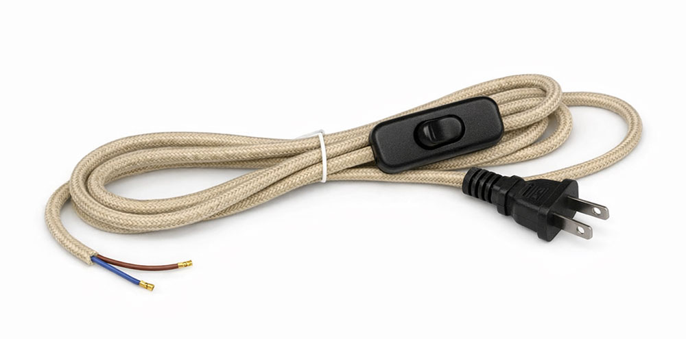 Cordon d’alimentation 110 volts avec interrupteur noir et fiche noire – gaine textile couleur lin – prise américaine