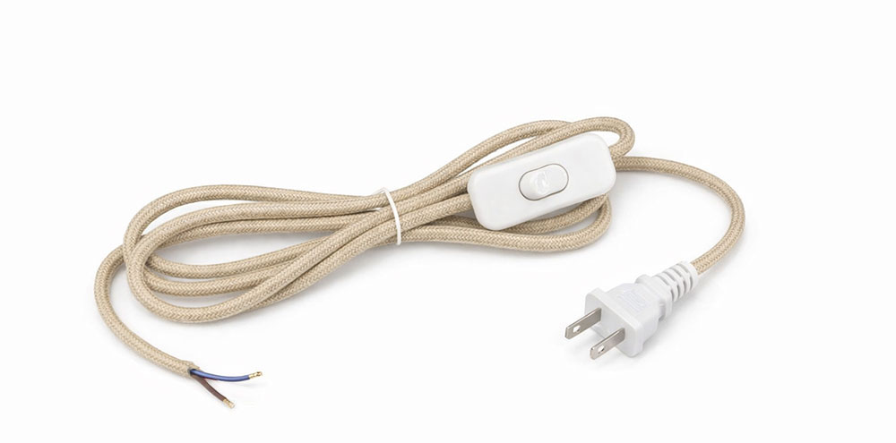 Cordon d’alimentation 110 volts en gaine textile couleur lin avec interrupteur et prise américaine