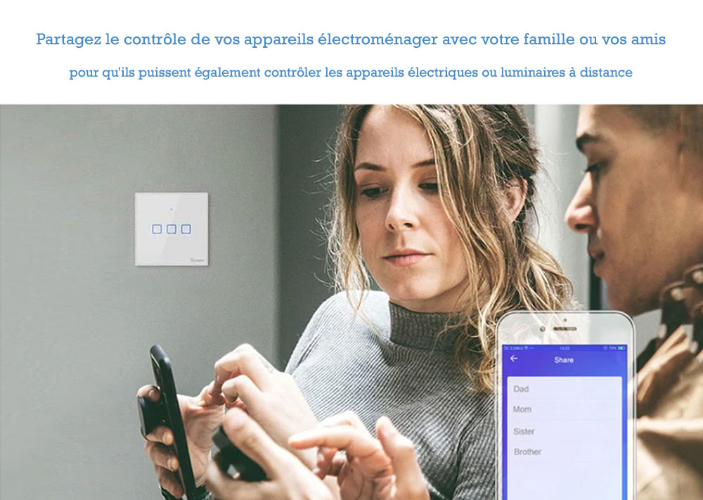 Interrupteur tactile Sonoff programmable, contrôle sur Smartphone et tablette numérique.