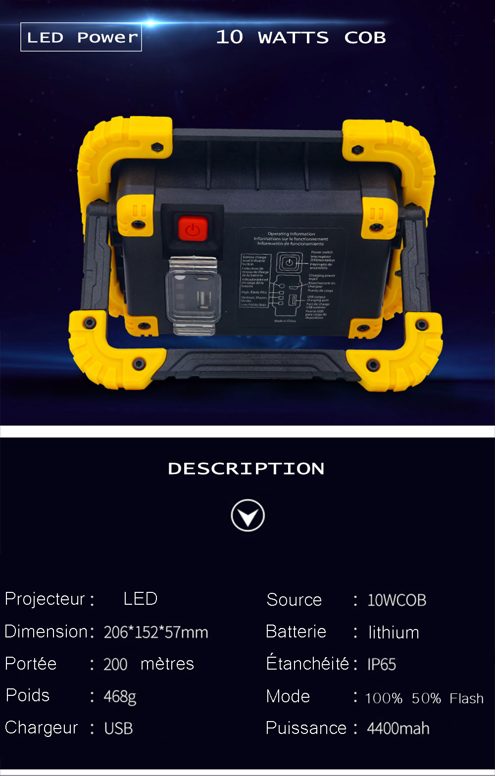 Projecteur LED sur batterie lithium 10 watts COB