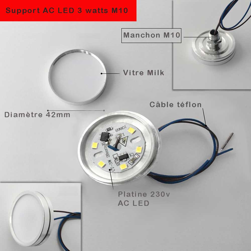 Support aluminium AC LED 3 watts M10