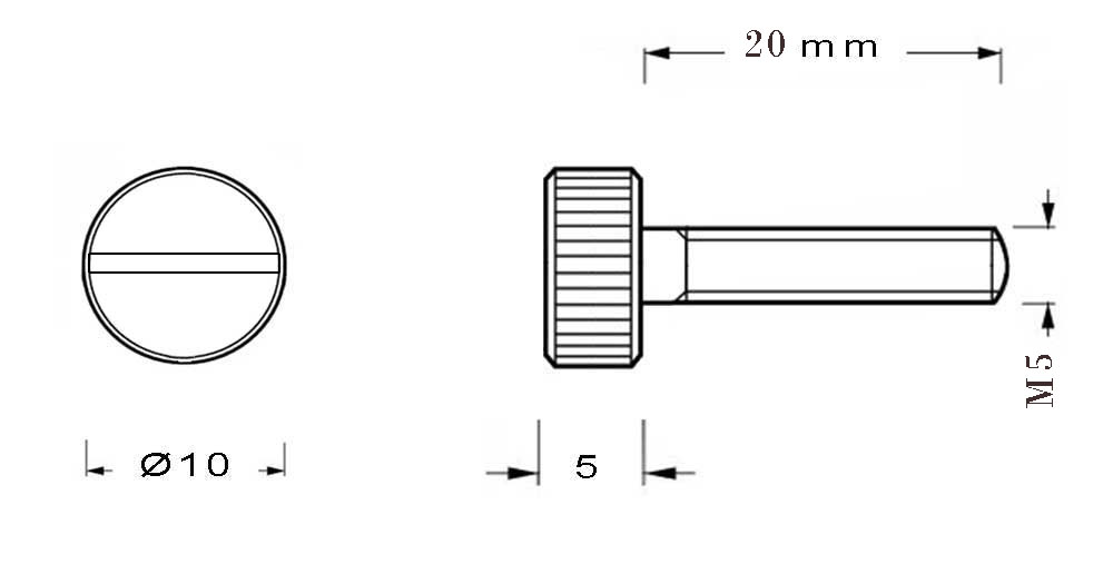 Vis en laiton M5 a tete cylindrique moletée fendu longueur du filetage 20mm