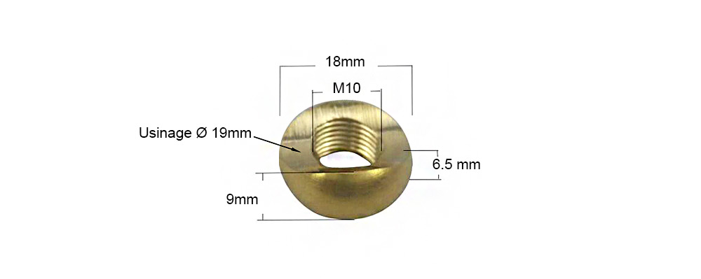 dimension écrou en laiton diamètre 18mm fileté M10 avec un usinage gueule de loup radial