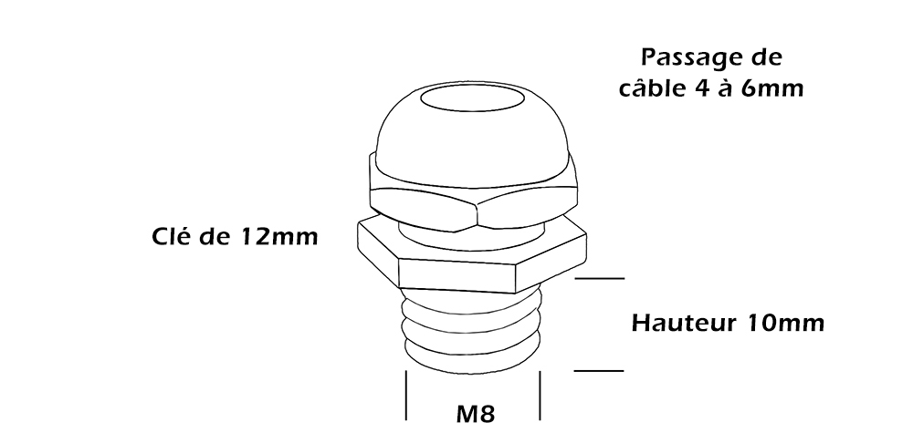 dimension serre câble en laiton chromé avec filetage M8
