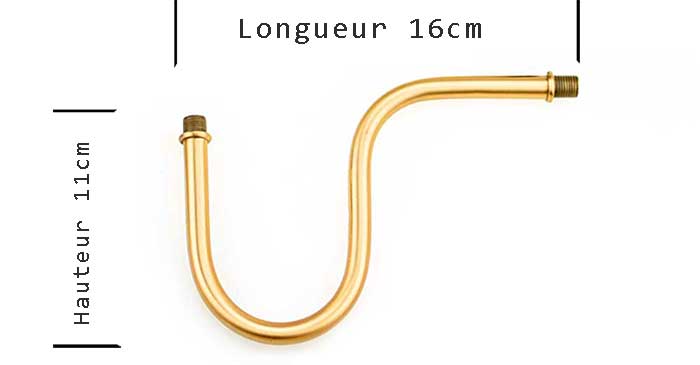 Tube en laiton col de cygne double coudes - longueur 16cm fileté M10 dimension