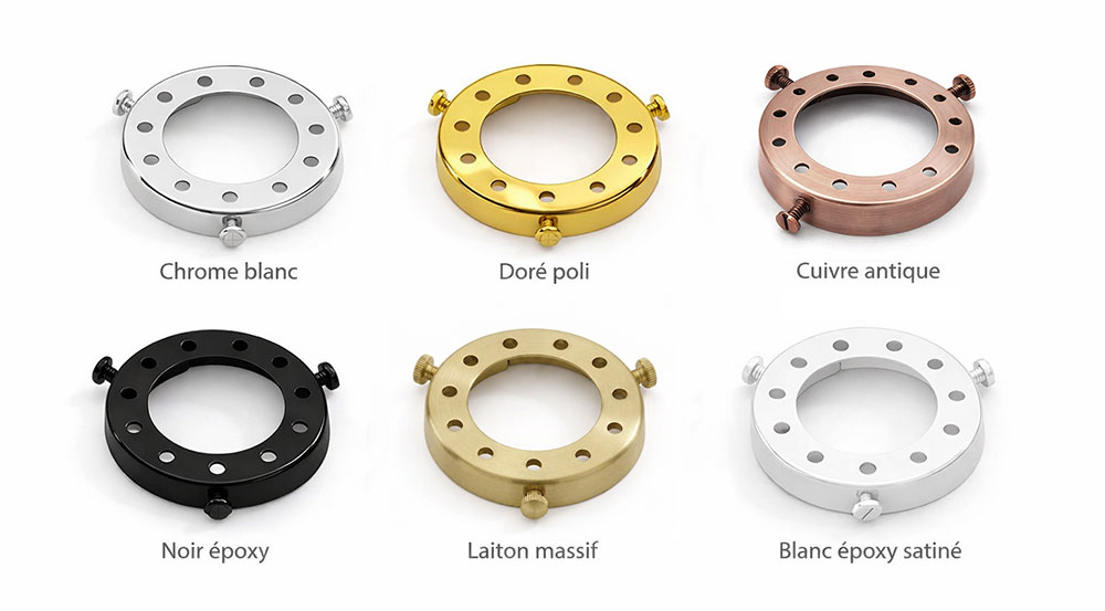 Collection de griffes de suspension pour verrerie Ø66 mm - finitions blanc époxy satiné, noir, doré, cuivre et laiton